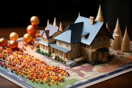 illustration of a small model home on a blueprint with financial bar chartsの素材