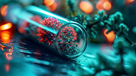 Vaccine Vial and Syringes Against Virus Backdropの素材