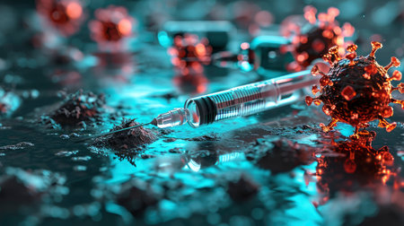 Vaccine Vial and Syringes Against Virus Backdropの素材