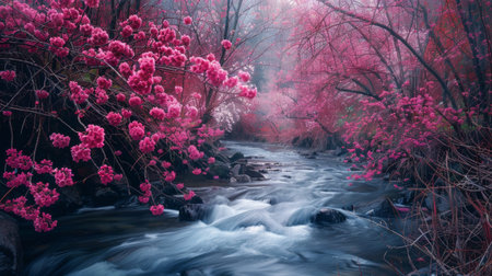 Cherry Blossoms Over Tranquil River in Misty Forestの素材