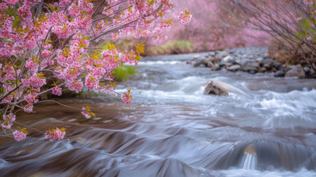 Cherry Blossoms Over Tranquil River in Misty Forestの素材