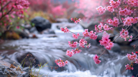 Sakura Blossoms Adorning a Serene Waterfall Sceneの素材