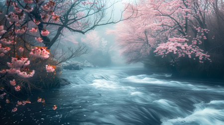 Sakura Blossoms Adorning a Serene Waterfall Sceneの素材