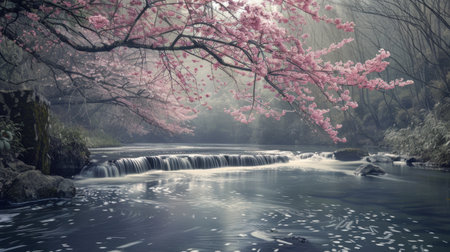 Sakura Blossoms Adorning a Serene Waterfall Sceneの素材