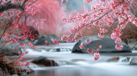 Sakura Blossoms Adorning a Serene Waterfall Sceneの素材