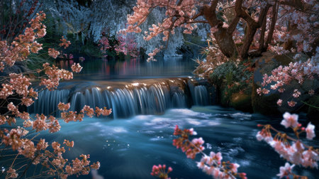 Sakura Blossoms Adorning a Serene Waterfall Sceneの素材