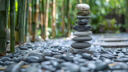 Zen Stone Tower and Bamboo in a Peaceful Settingの素材