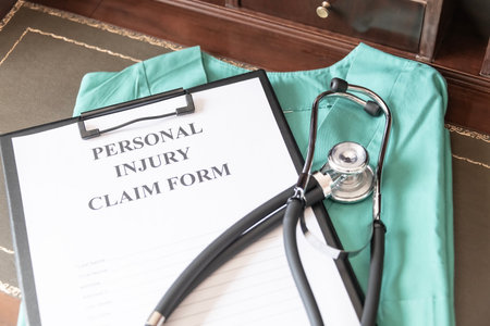 Medical Claim Form with Stethoscope on Doctor's Deskの写真素材
