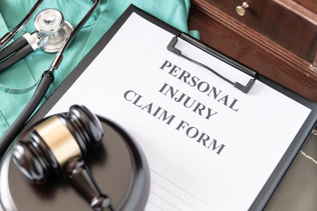 Medical Claim Form with Stethoscope on Doctor's Deskの写真素材