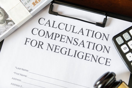 Legal document titled 'Calculation Compensation for Negligence' with a gavel and calculator, symbolizing judicial proceedingsの写真素材