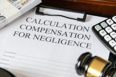 Legal document titled 'Calculation Compensation for Negligence' with a gavel and calculator, symbolizing judicial proceedingsの写真素材