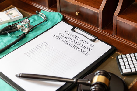 Document for calculating negligence compensation, with a stethoscope, money, and calculator on a medical uniform backgroundの写真素材