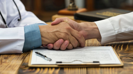 A focused image of a medical professional in a lab coat signing documents, with a gavel and law books in the foreground, highlighting legal aspects of healthcareの素材