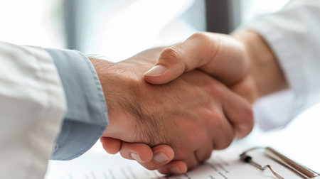 A focused image of a medical professional in a lab coat signing documents, with a gavel and law books in the foreground, highlighting legal aspects of healthcareの素材