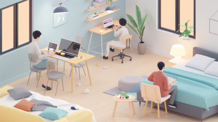 Colorful Modern Living Space with Diverse Activitiesの素材