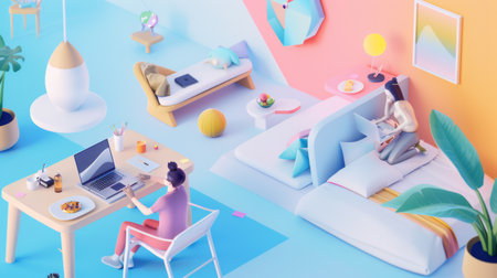 Colorful Modern Living Space with Diverse Activitiesの素材