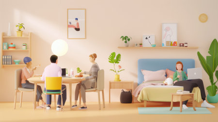 Colorful Modern Living Space with Diverse Activitiesの素材