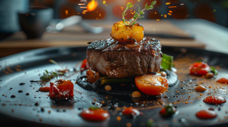 Exquisite close-up of a gourmet steak topped with caramelized peach, served with fresh vegetables and artistic sauce splatterの素材