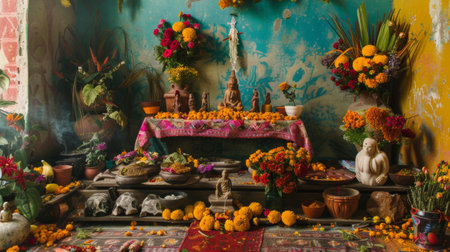 A gothic interior of a vampire castle of Transylvania, lit by candles and featuring an altar for satanic rites and human sacrifices. 3D illustrationの素材