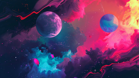 Vibrant Cosmic Scene with Colorful Nebula and Planetsの素材