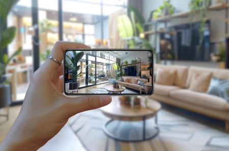 A person takes a photo of a stylish modern living room using a smartphone, showcasing interior design and technologyの素材