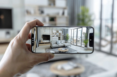 A person takes a photo of a stylish modern living room using a smartphone, showcasing interior design and technologyの素材