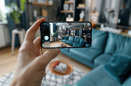 A person takes a photo of a stylish modern living room using a smartphone, showcasing interior design and technologyの素材