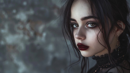 Striking portrait of a gothic woman with dramatic makeup and dark attireの素材
