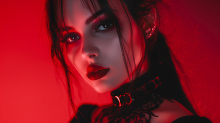 Striking portrait of a gothic woman with dramatic makeup and dark attireの素材