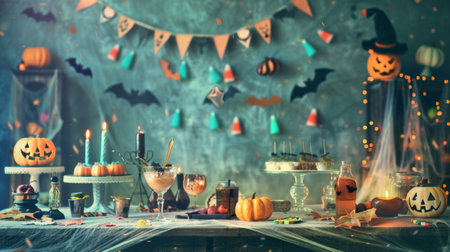 The table is adorned for a Halloween gathering, featuring pumpkins, bats, candles, and candy corn to create a spooky atmosphereの素材