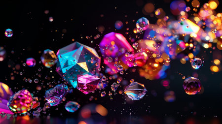 Numerous vibrant crystals are suspended in the atmosphere, shimmering with various hues like purple, violet, and magenta, resembling Christmas ornaments or glittering jewelry piecesの素材