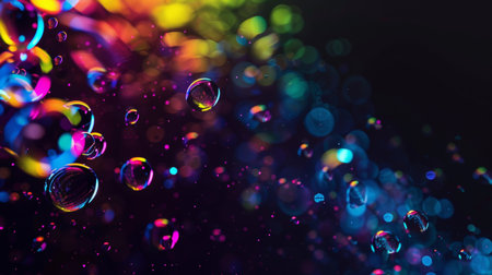 A multitude of vibrant soap bubbles set against a dark backdrop, creating a visually striking and captivating scene with hues of purple, violet, magenta, and electric blue shimmering in the lightの素材