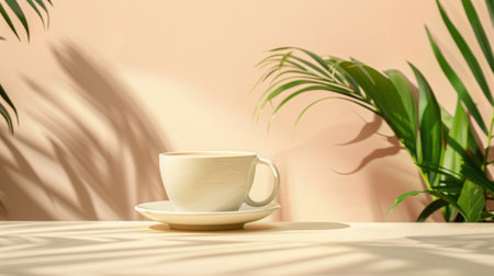 A cup of coffee is placed on a saucer on a wooden table next to a vibrant palm tree, adorned with a tableclothの写真素材