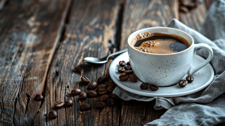 A cup of coffee sitting on a saucer next to coffee beans and a spoon, all placed on a wooden tableの写真素材