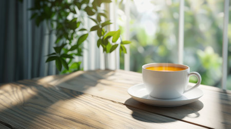 There is a cup of tea placed on a wooden table near a window, creating a cozy ambiance. The setting includes elements like Tableware, Drinkware, and Woodの写真素材