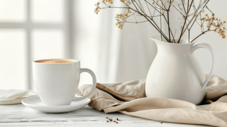 There is a table with a coffee cup and a pitcher of milk on it, surrounded by branches. The setting includes various tableware and drinkware itemsの写真素材