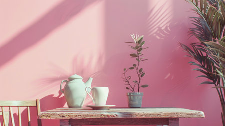 A table is displayed with a teapot and cups set arranged on it against a pink wall. The setting suggests an elegant and stylish interior designの写真素材