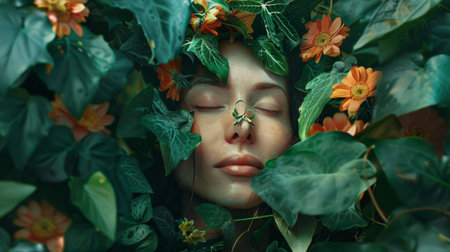 In the image, a woman has her eyes shut while being encircled by a collection of leaves and flowers in a natural setting. The scene showcases a blend of vegetation and artistryの写真素材