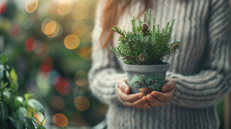 In front of a Christmas tree, a woman is delicately holding a potted plant. The scene includes elements like a flowerpot, wood, and vegetationの写真素材