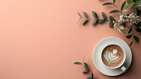 A cup of coffee with a heart shaped latte art on a saucer rests on a pink background, creating a cozy and charming sceneの写真素材