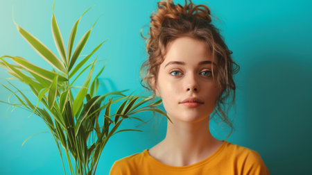 In the scene, a woman with curly hair is positioned beside a potted plant. Elements include hair, chin, eye, eyebrow, plant, neck, and eyelashの素材