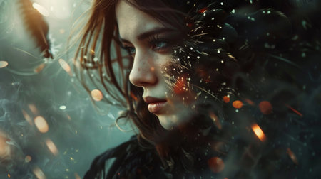 Close up photo of a womans face with smoke, showing features like nose, lip, eyebrow, eye, mouth, eyelash, and jaw. Enhanced with flash photography, woman has cool, black hairの素材