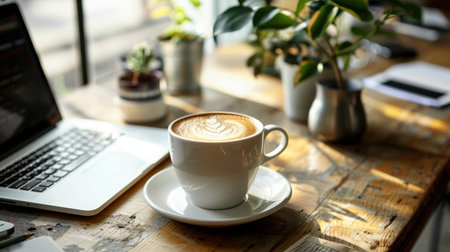On a wooden table sits a cup of coffee next to a laptop, the scene includes keywords like Tableware, Plant, Espressino, Table, and moreの素材