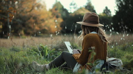 A woman wearing a hat sits on the grass, using a laptop. The scene includes trees, sunlight, and people in nature, with various headgear like fedoras and capsの素材