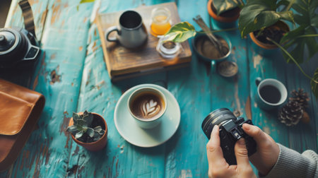 A person is photographing a cup of coffee on a wooden table, the cup looks green and it contains Kona coffee. Keywords Tableware, Drinkware, Dishware, Serveware, Teacupの素材