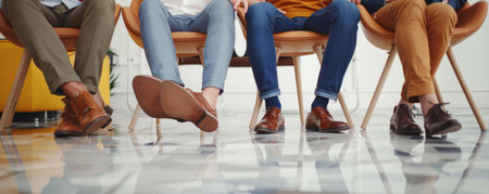 A group of people are seated in chairs, each with their legs crossed, showing a relaxed and attentive gestureの素材