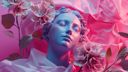 A beautiful statue of a woman adorned with flowers in her hair stands as a peaceful representation of natures beauty and human formの素材