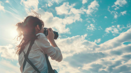 A woman is joyfully capturing an image of the beautiful sky using her camera while wearing eyewear. She seems happy and content in the momentの素材