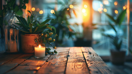 A candle is glowing on a wooden table beside a potted plant under the sky, surrounded by tints and shades of green grass, radiating heat to the flooring like a treeの素材