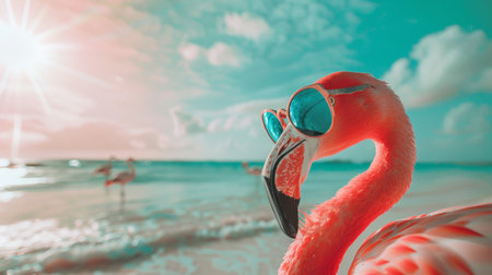 A pink flamingo with stylish sunglasses is relaxing on the beach, embodying leisure and travel vibes with a hint of joy and styleの素材